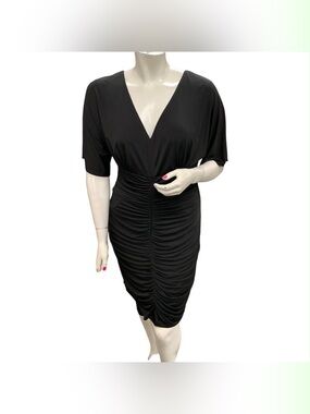 David Meister Black V-Neck Ruched Midi Dress Size XL